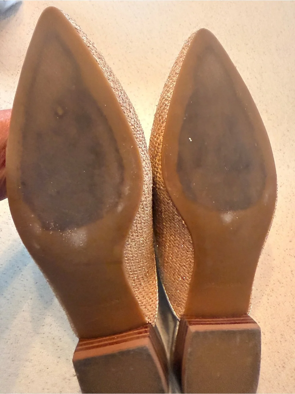 Cole Haan Tan Woven Pointed Mules with Gold Trim